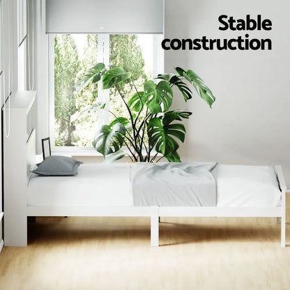Artiss Bed Frame King Single Size Wooden with 3 Shelves Bed Head White - Image 5