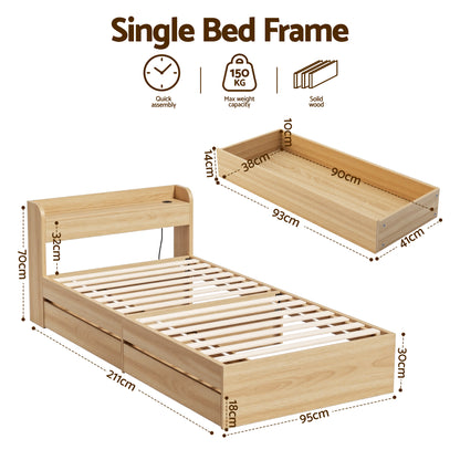 Artiss Single Bed Frame with 2 Storage Drawers Platform Bed Base with USB Ports Sturdy Wooden Slat Support Natural - Image 2