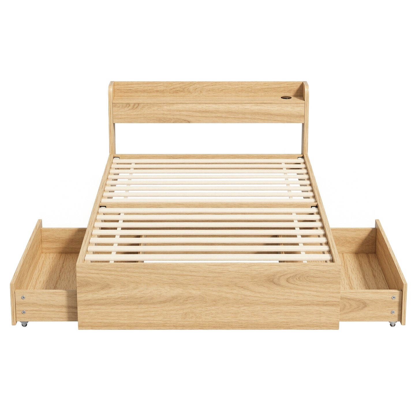 Artiss Single Bed Frame with 2 Storage Drawers Platform Bed Base with USB Ports Sturdy Wooden Slat Support Natural - Image 3