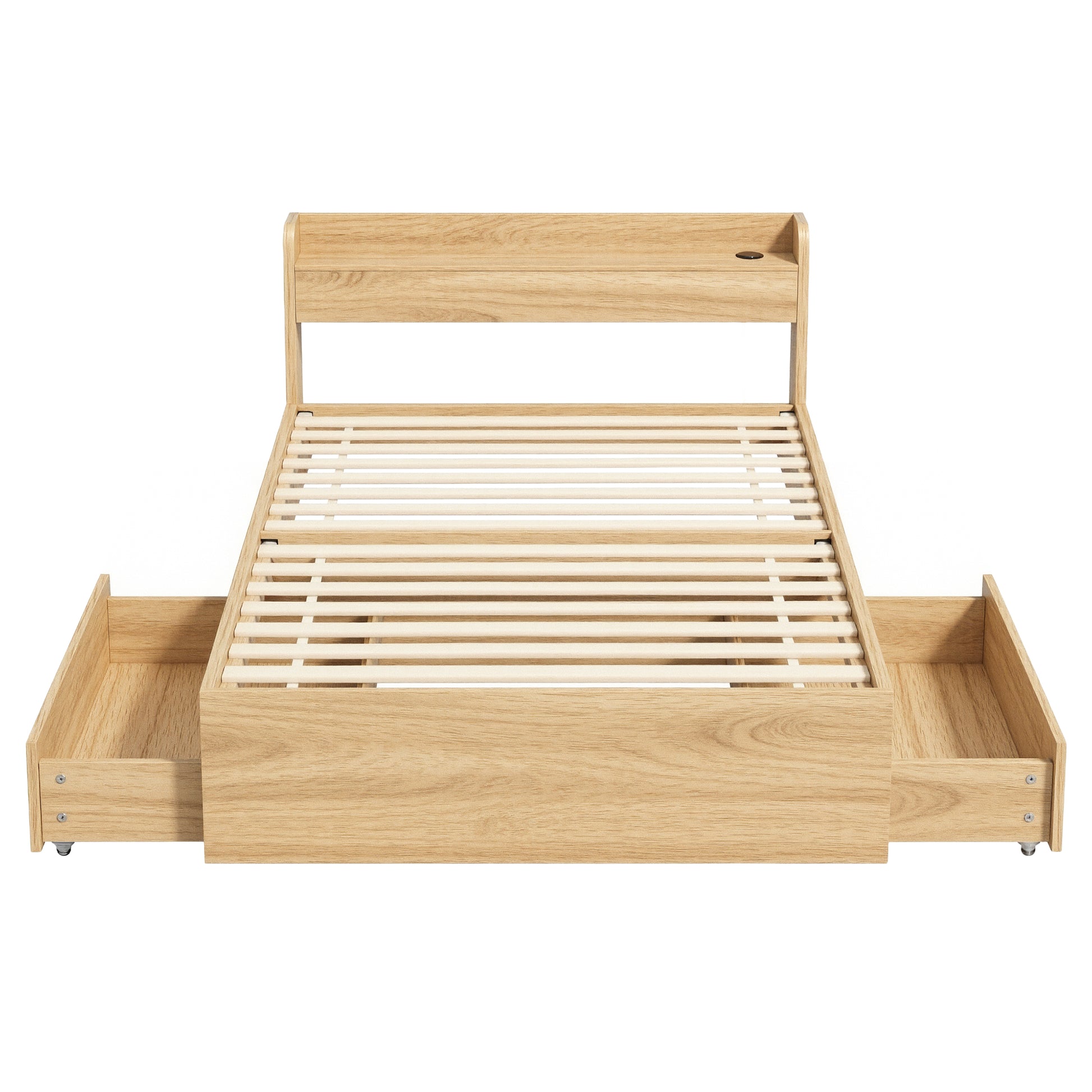 Artiss Single Bed Frame with 2 Storage Drawers Platform Bed Base with USB Ports Sturdy Wooden Slat Support Natural - Image 3