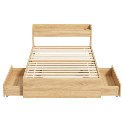 Artiss Single Bed Frame with 2 Storage Drawers Platform Bed Base with USB Ports Sturdy Wooden Slat Support Natural - Image 3