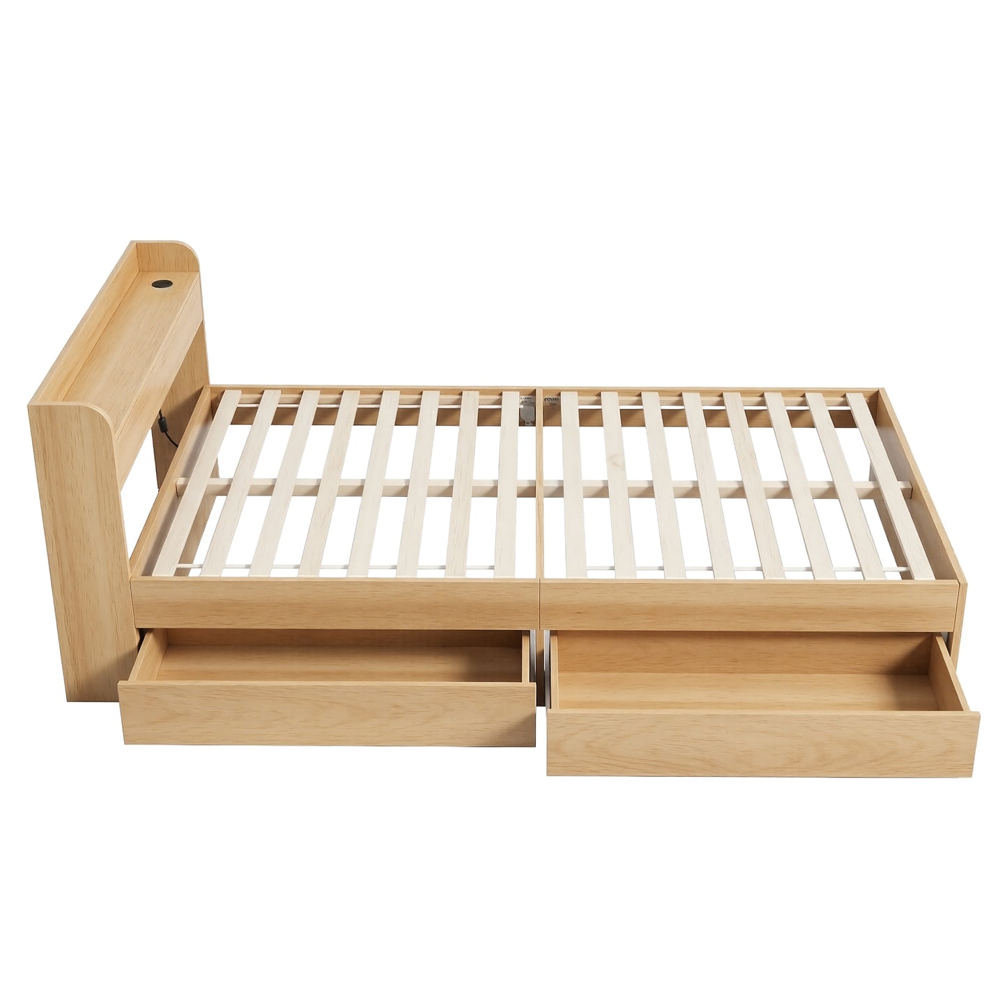 Artiss Single Bed Frame with 2 Storage Drawers Platform Bed Base with USB Ports Sturdy Wooden Slat Support Natural - Image 4