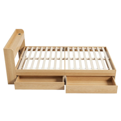 Artiss Single Bed Frame with 2 Storage Drawers Platform Bed Base with USB Ports Sturdy Wooden Slat Support Natural - Image 4