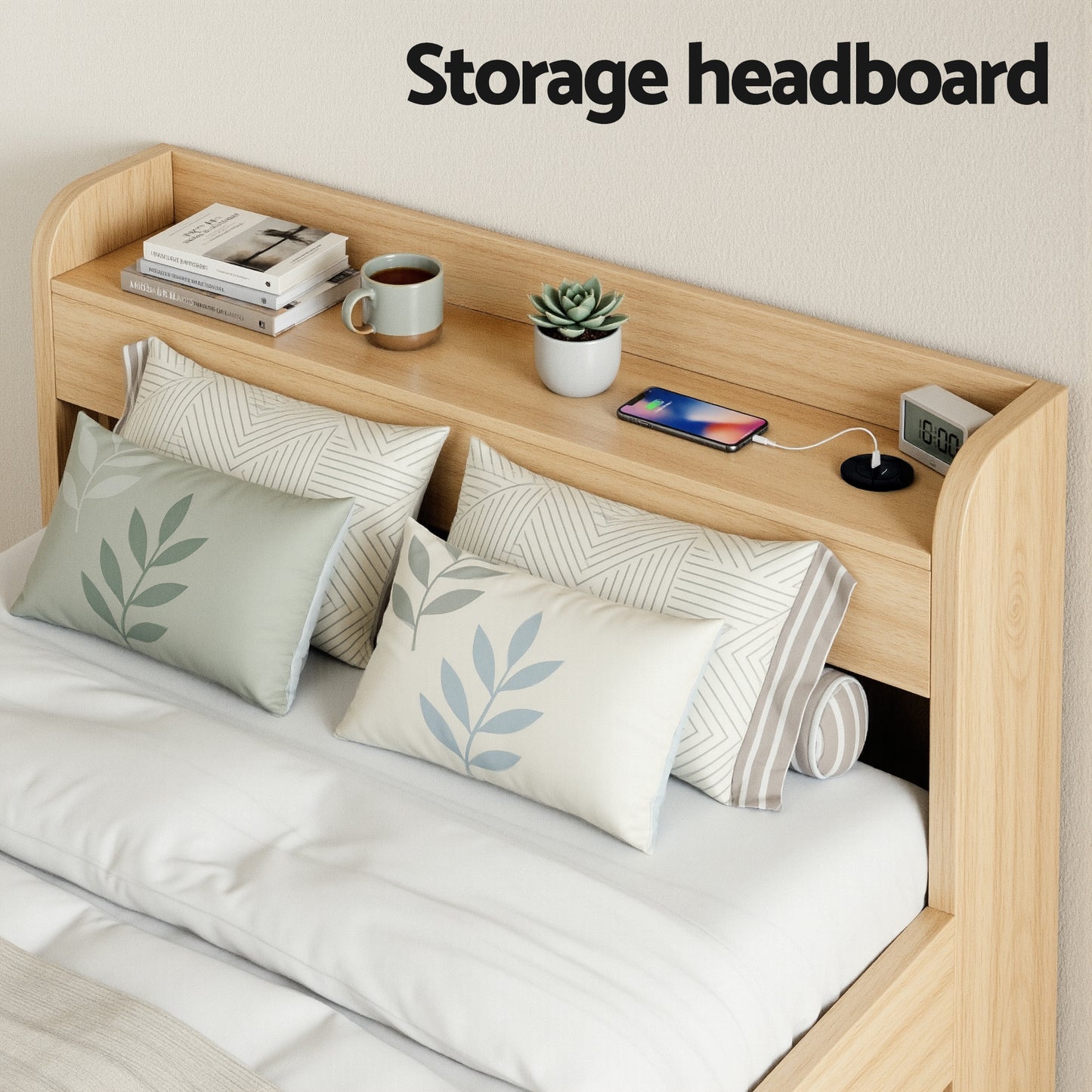 Artiss Single Bed Frame with 2 Storage Drawers Platform Bed Base with USB Ports Sturdy Wooden Slat Support Natural - Image 6