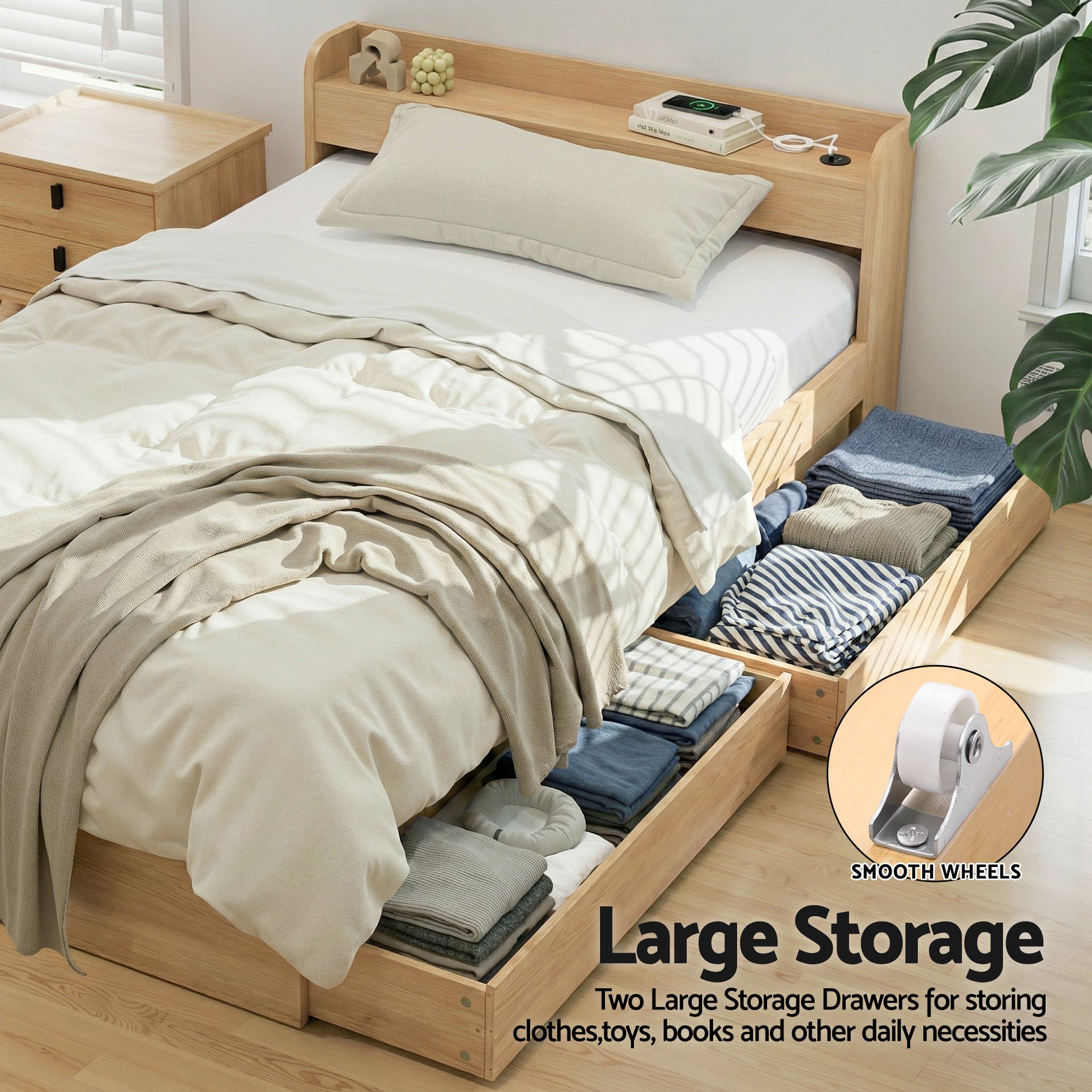 Artiss Single Bed Frame with 2 Storage Drawers Platform Bed Base with USB Ports Sturdy Wooden Slat Support Natural - Image 7