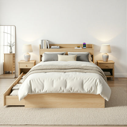 Artiss Single Bed Frame with 2 Storage Drawers Platform Bed Base with USB Ports Sturdy Wooden Slat Support Natural - Image 9
