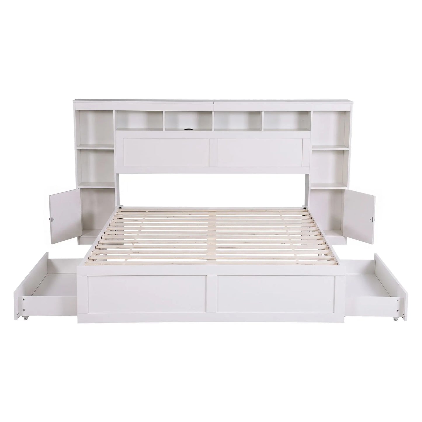 Artiss Queen Bed Frame with Storage Bookcase Headboard, USB & Type-C Ports & Drawers White - Image 2