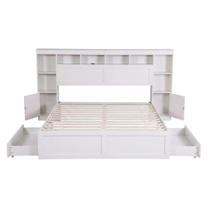 Artiss Queen Bed Frame with Storage Bookcase Headboard, USB & Type-C Ports & Drawers White - Image 2