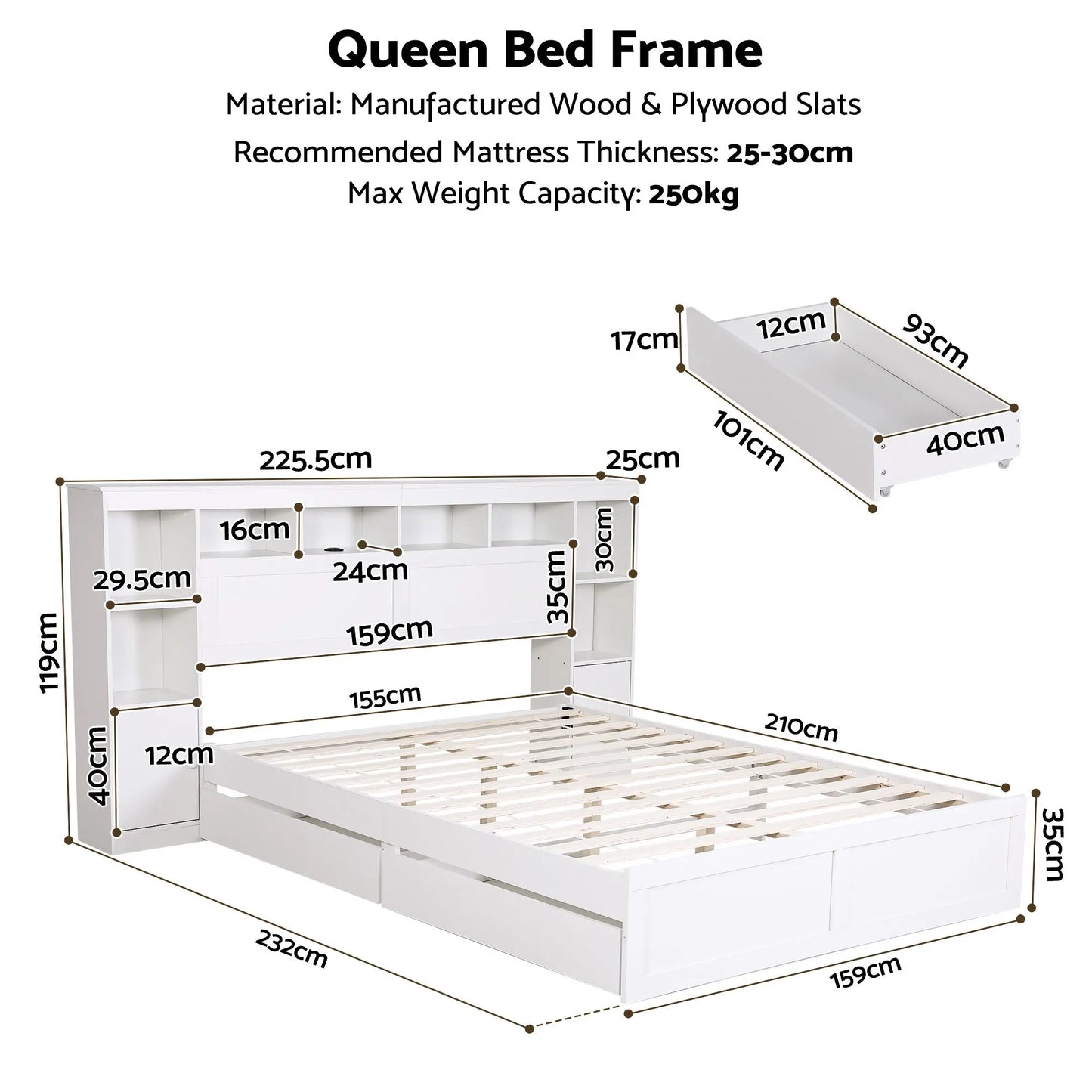 Artiss Queen Bed Frame with Storage Bookcase Headboard, USB & Type-C Ports & Drawers White - Image 3