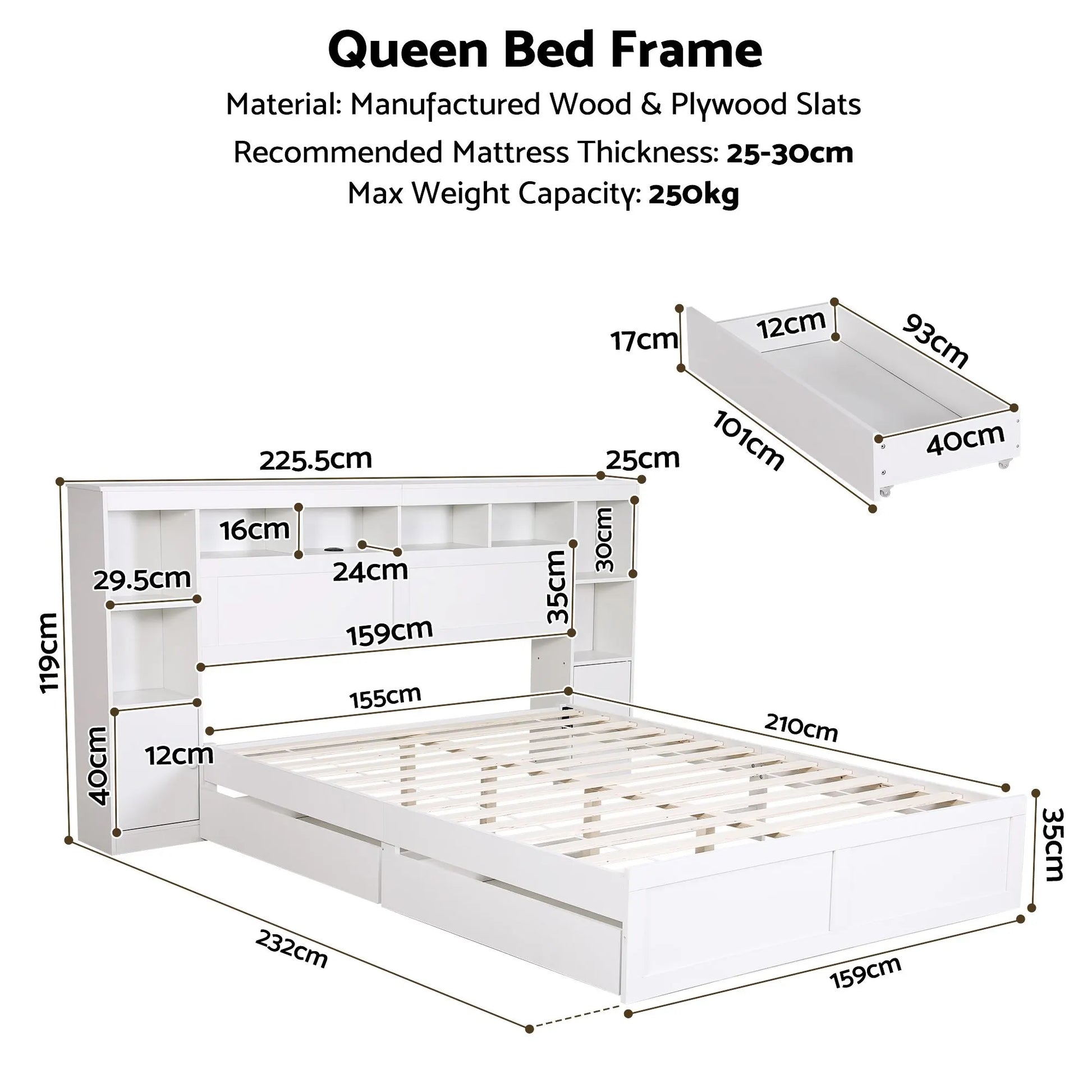 Artiss Queen Bed Frame with Storage Bookcase Headboard, USB & Type-C Ports & Drawers White - Image 3