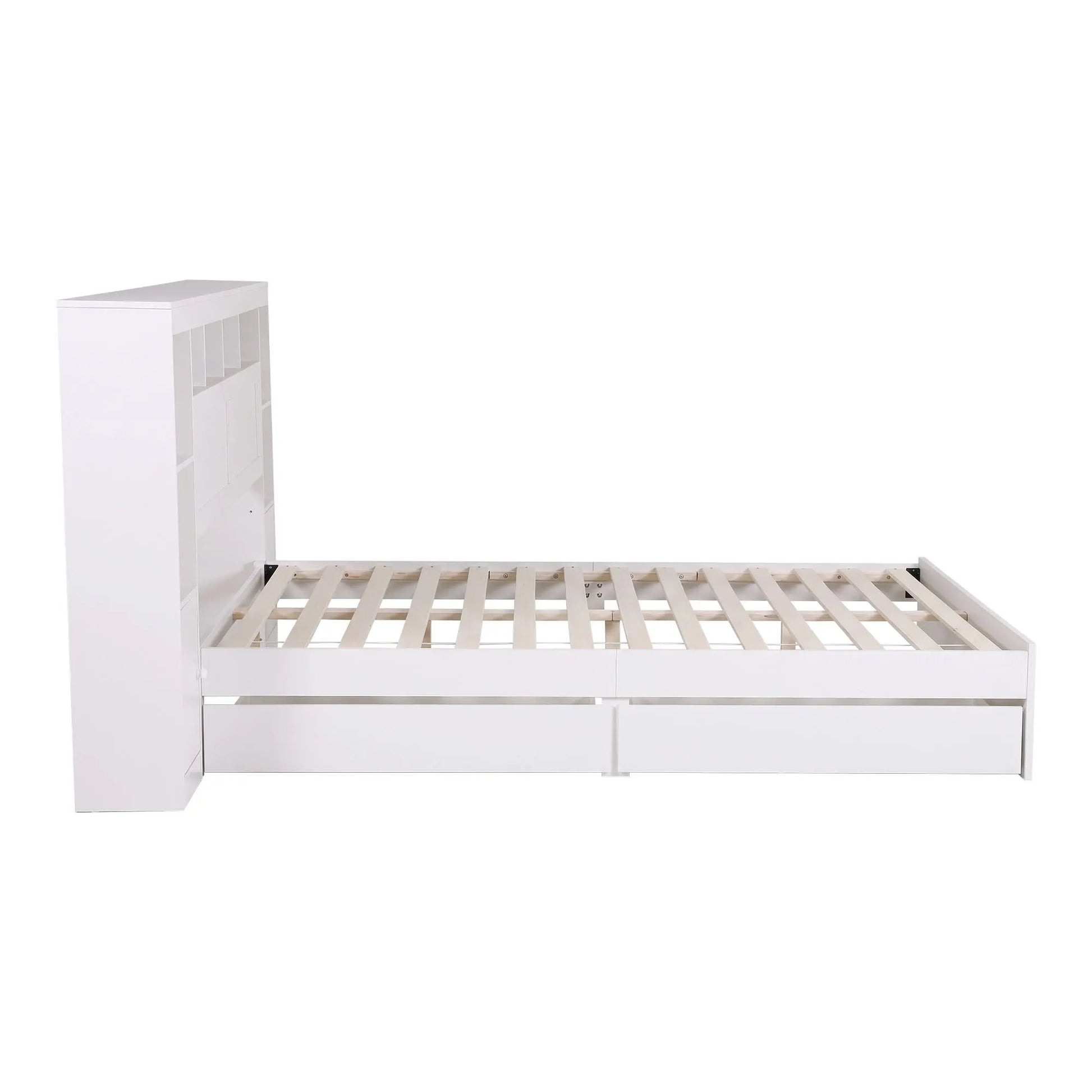Artiss Queen Bed Frame with Storage Bookcase Headboard, USB & Type-C Ports & Drawers White - Image 4