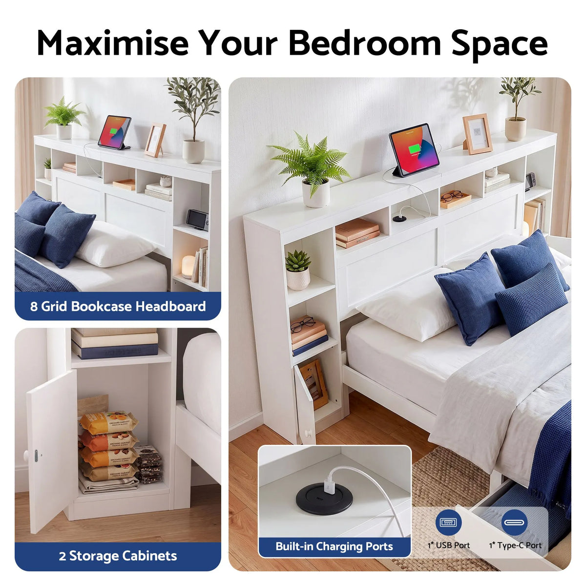 Artiss Queen Bed Frame with Storage Bookcase Headboard, USB & Type-C Ports & Drawers White - Image 5