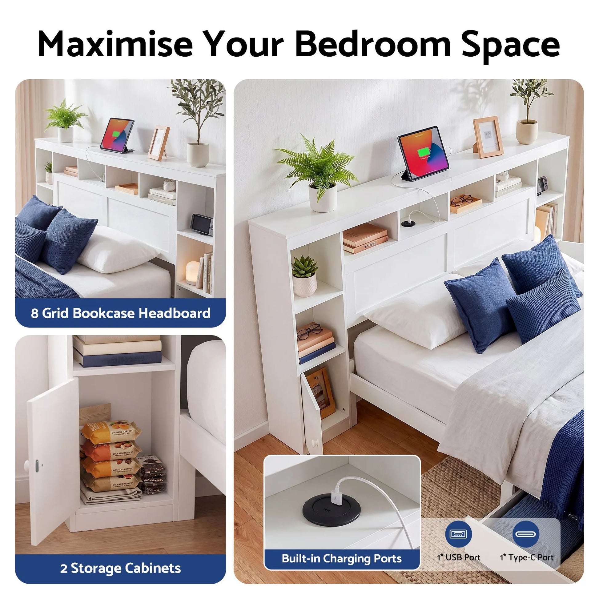 Artiss Queen Bed Frame with Storage Bookcase Headboard, USB & Type-C Ports & Drawers White - Image 5