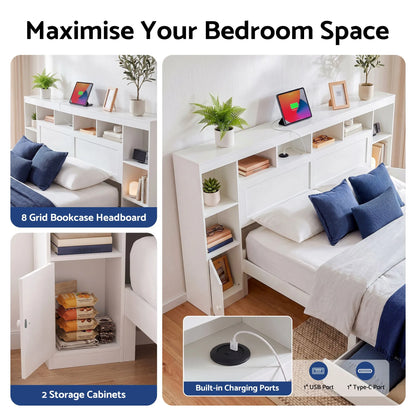 Artiss Queen Bed Frame with Storage Bookcase Headboard, USB & Type-C Ports & Drawers White - Image 5