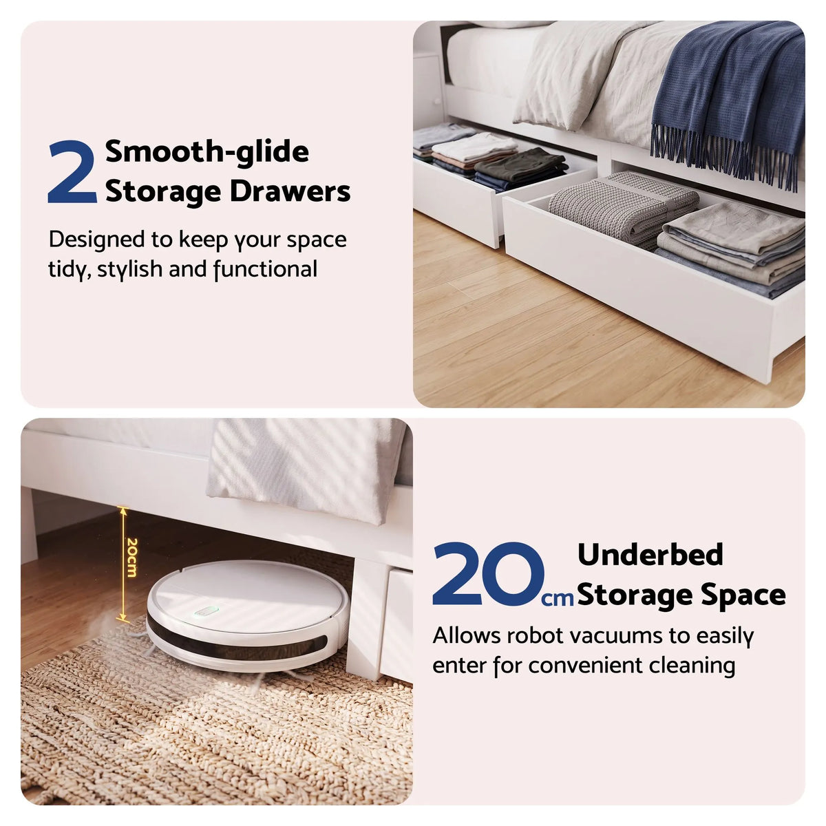 Artiss Queen Bed Frame with Storage Bookcase Headboard, USB & Type-C Ports & Drawers White - Image 6