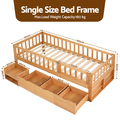 Artiss Kids Single Bed Frame with 3 Storage Drawer Montessori Bed for Toddler Natural - Image 2