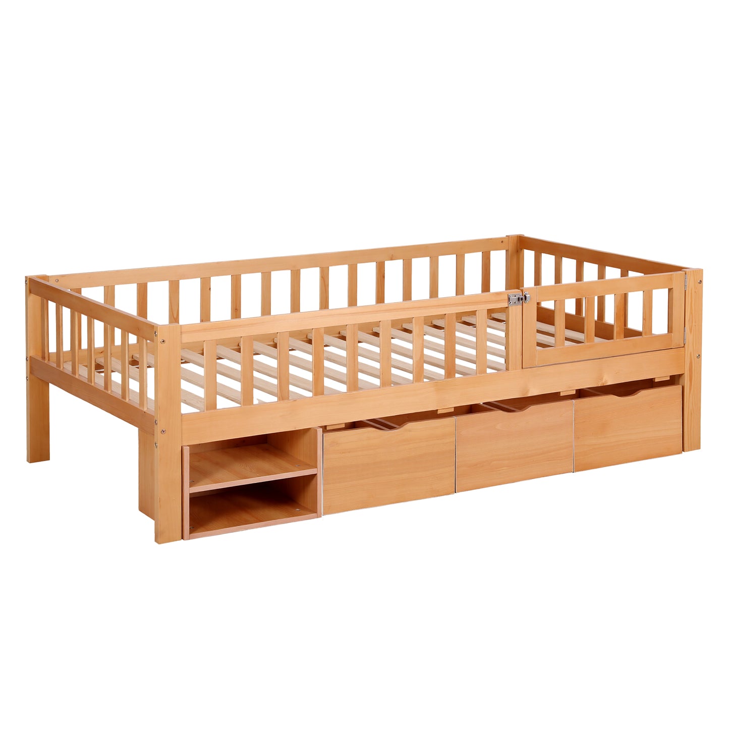 Artiss Kids Single Bed Frame with 3 Storage Drawer Montessori Bed for Toddler Natural - Image 3
