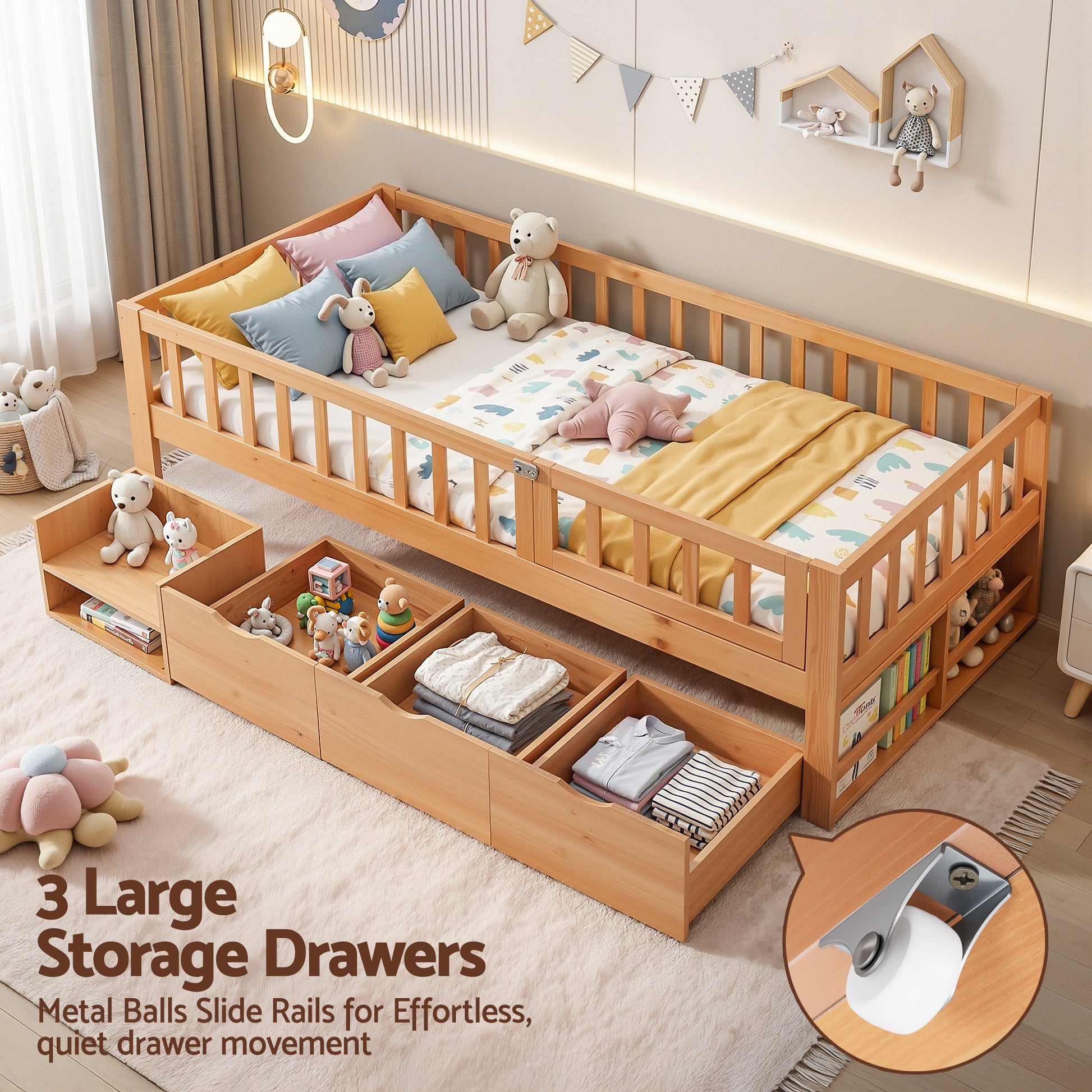 Artiss Kids Single Bed Frame with 3 Storage Drawer Montessori Bed for Toddler Natural - Image 5