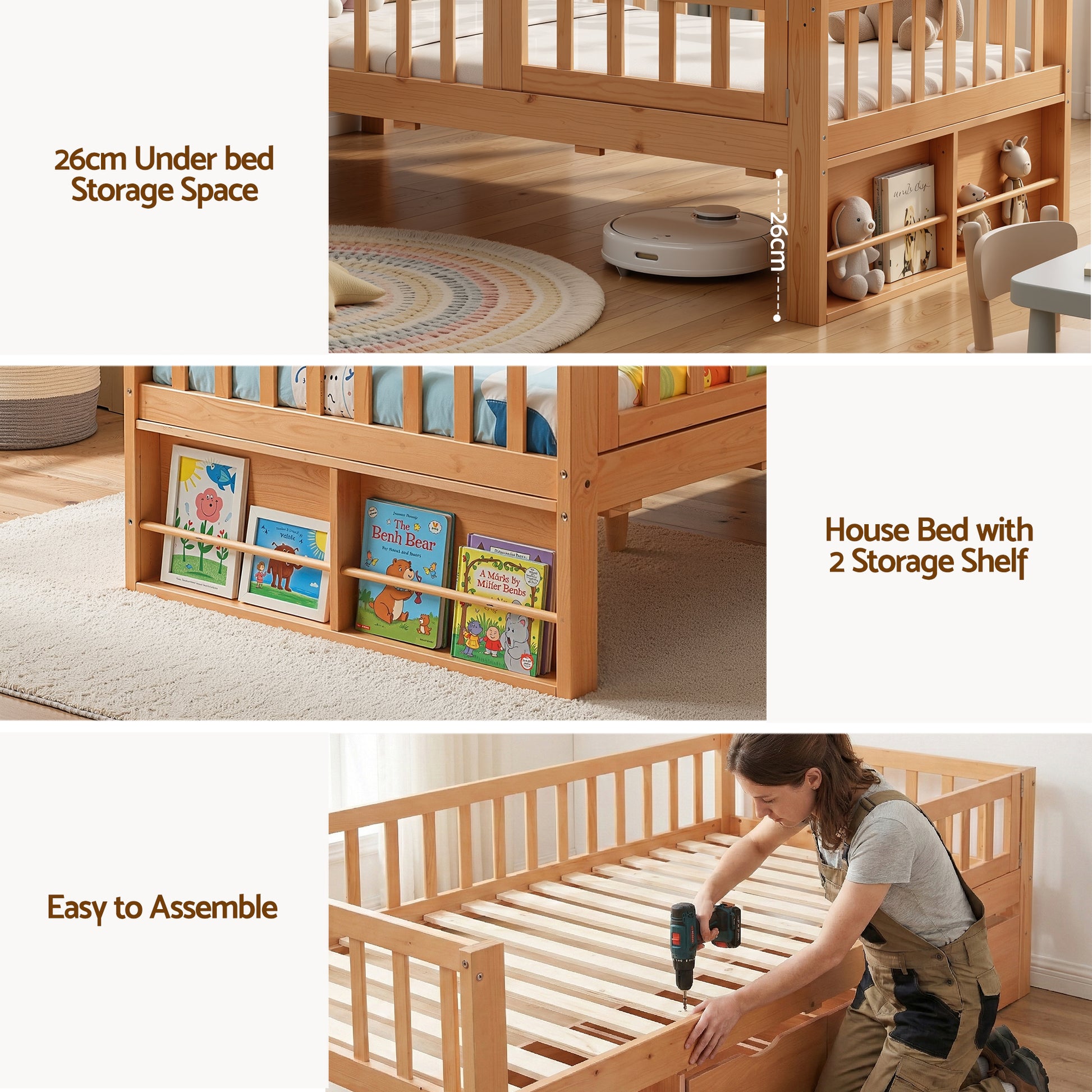 Artiss Kids Single Bed Frame with 3 Storage Drawer Montessori Bed for Toddler Natural - Image 6