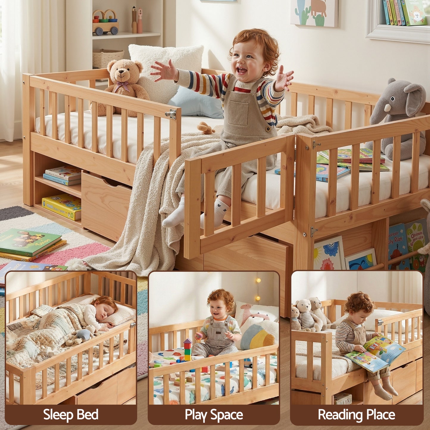 Artiss Kids Single Bed Frame with 3 Storage Drawer Montessori Bed for Toddler Natural - Image 7
