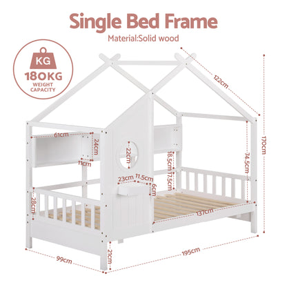 Artiss Kids Single Bed Frame House Bed Solid Wood Montessori Bed for Toddler White - Image 2