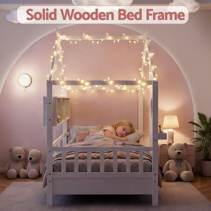 Artiss Kids Single Bed Frame House Bed Solid Wood Montessori Bed for Toddler White - Image 7
