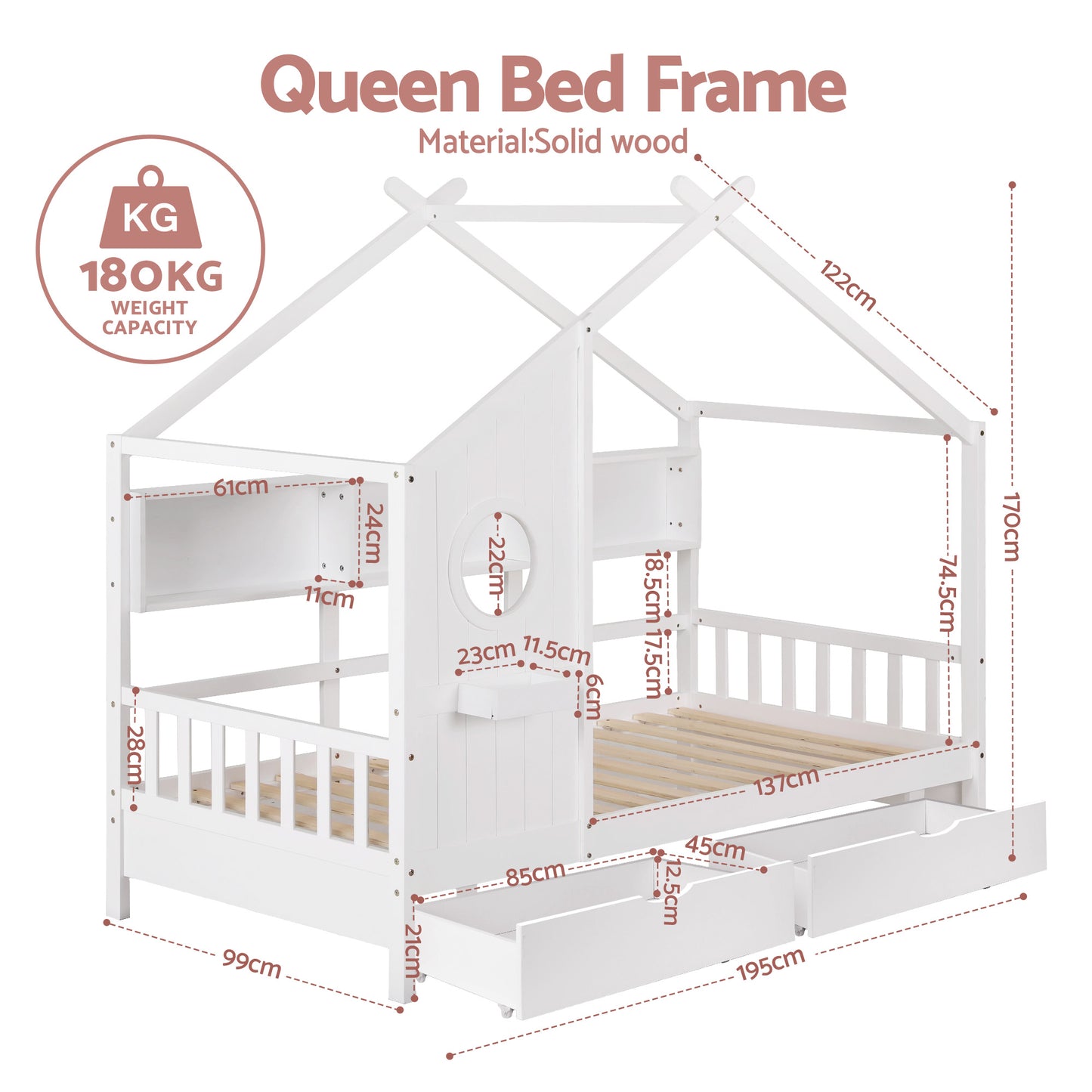 Artiss Kids Single Bed Frame with 3 Storage Bookcase & 2 Drawers House Bed Solid Wood Montessori Bed Easy Assembly White - Image 2