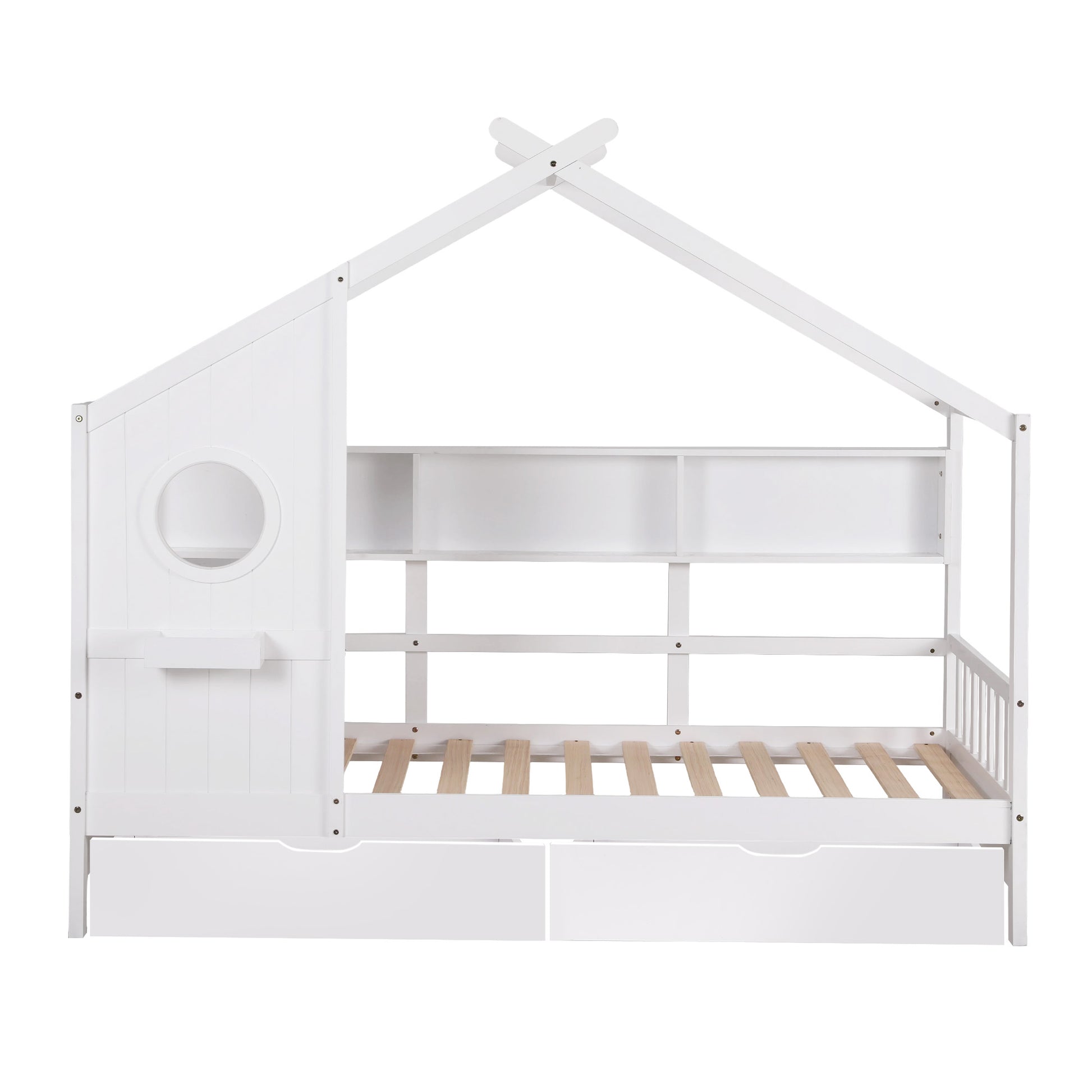 Artiss Kids Single Bed Frame with 3 Storage Bookcase & 2 Drawers House Bed Solid Wood Montessori Bed Easy Assembly White - Image 3
