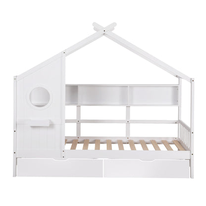 Artiss Kids Single Bed Frame with 3 Storage Bookcase & 2 Drawers House Bed Solid Wood Montessori Bed Easy Assembly White - Image 3
