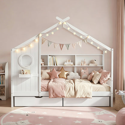 Artiss Kids Single Bed Frame with 3 Storage Bookcase & 2 Drawers House Bed Solid Wood Montessori Bed Easy Assembly White - Image 4
