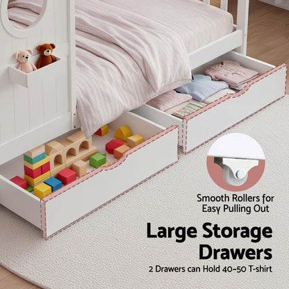 Artiss Kids Single Bed Frame with 3 Storage Bookcase & 2 Drawers House Bed Solid Wood Montessori Bed Easy Assembly White - Image 5