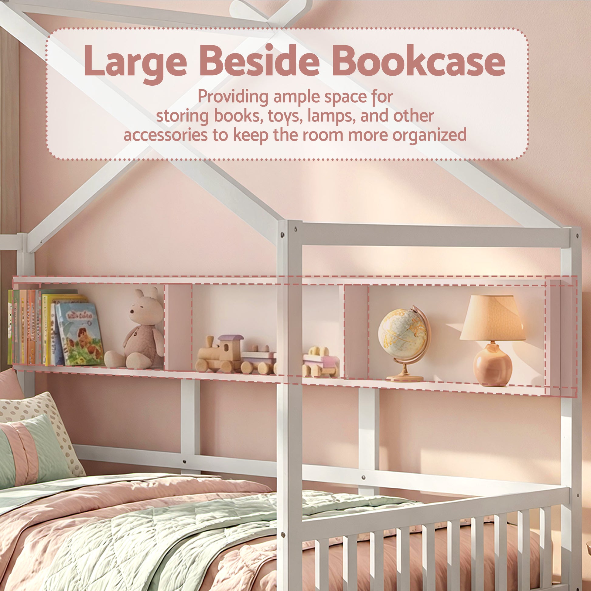 Artiss Kids Single Bed Frame with 3 Storage Bookcase & 2 Drawers House Bed Solid Wood Montessori Bed Easy Assembly White - Image 6