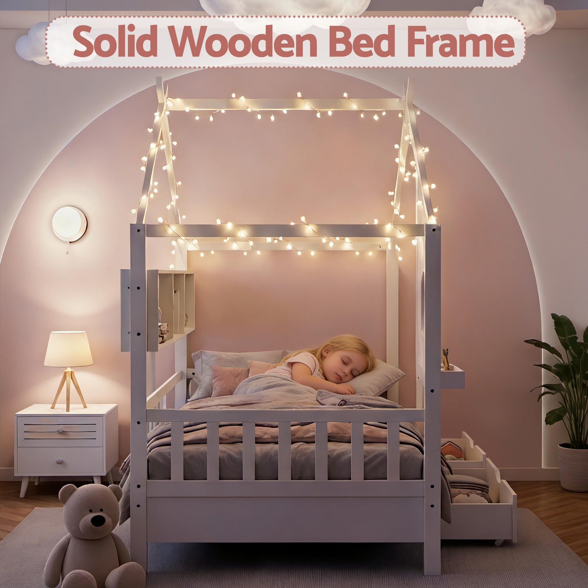 Artiss Kids Single Bed Frame with 3 Storage Bookcase & 2 Drawers House Bed Solid Wood Montessori Bed Easy Assembly White - Image 8