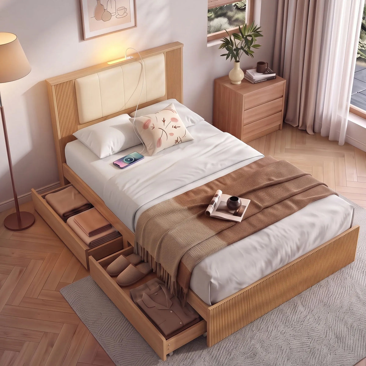 Artiss King Single Bed Frame with 2 Drawers, PU Leather Headboard & Charging Station