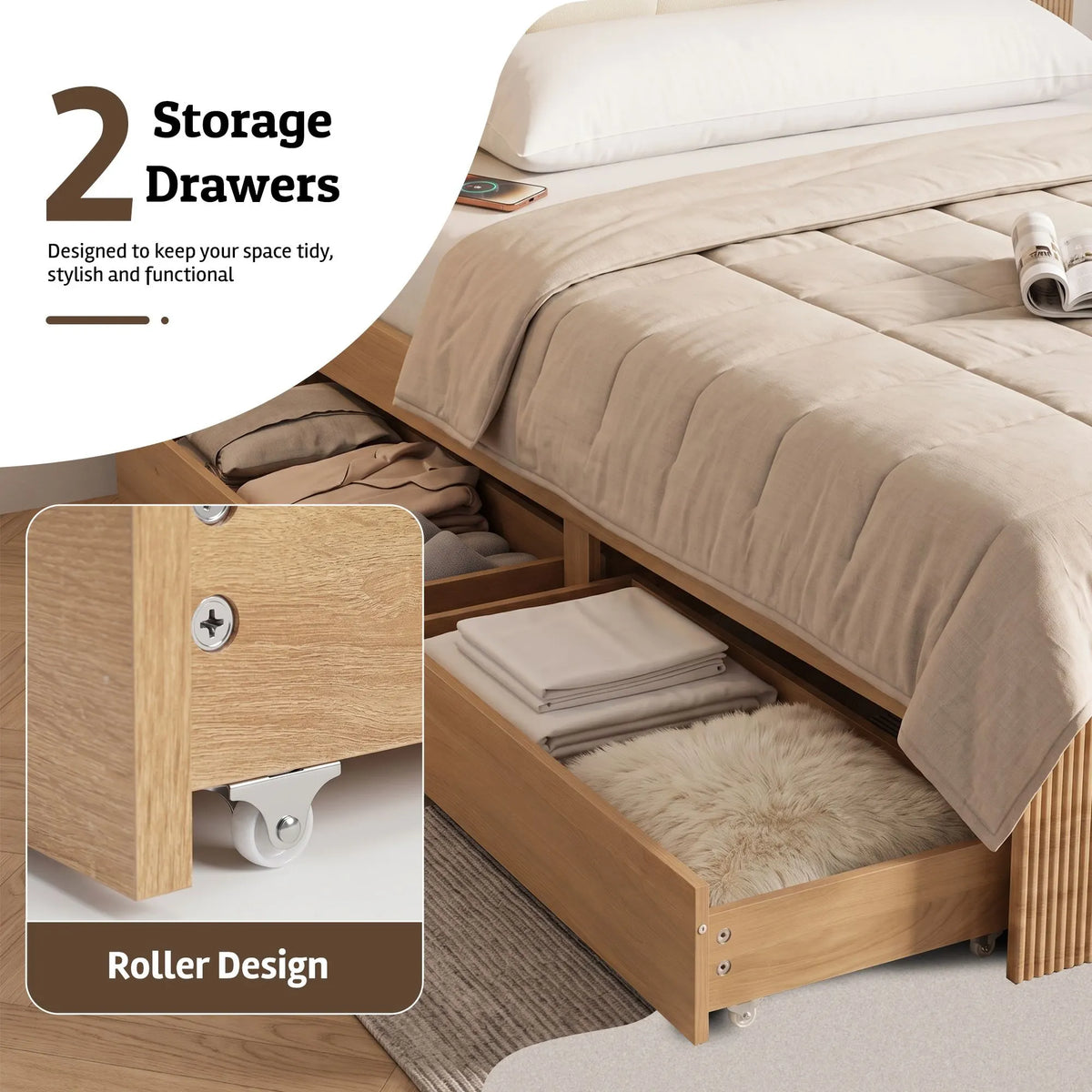 Artiss Queen Bed Frame with 2 Drawers, PU Leather Headboard & Charging Station - Image 7