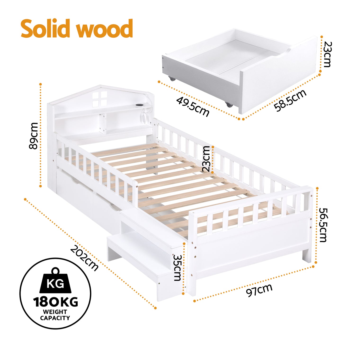 Artiss Single Bed Frame with 2 Storage Drawers, Montessori Bed with Headboard, 2 USB Ports & Led Light, Solid Wood Platform Bed Base with Safety Rail & Ladder, 31CM Under-Bed Storage, White - Image 2