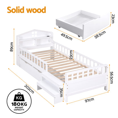 Artiss Single Bed Frame with 2 Storage Drawers, Montessori Bed with Headboard, 2 USB Ports & Led Light, Solid Wood Platform Bed Base with Safety Rail & Ladder, 31CM Under-Bed Storage, White - Image 2