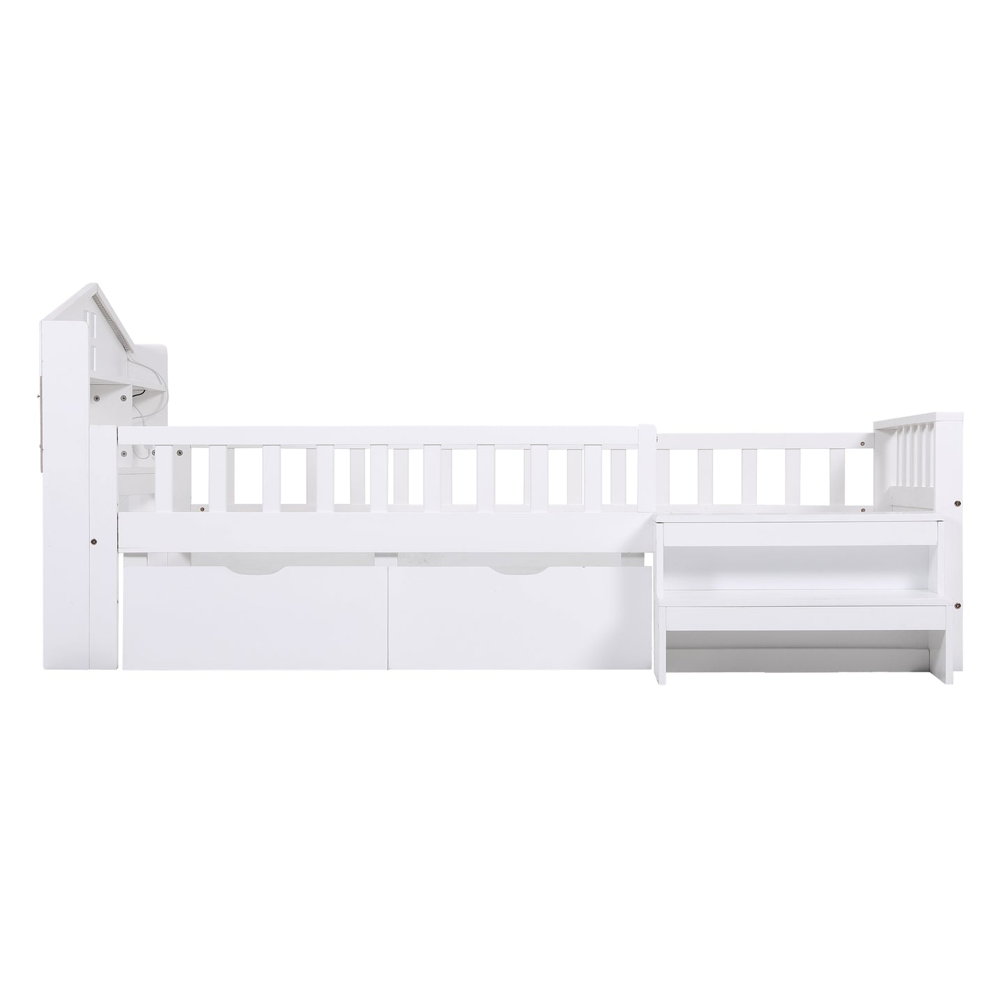 Artiss Single Bed Frame with 2 Storage Drawers, Montessori Bed with Headboard, 2 USB Ports & Led Light, Solid Wood Platform Bed Base with Safety Rail & Ladder, 31CM Under-Bed Storage, White - Image 3