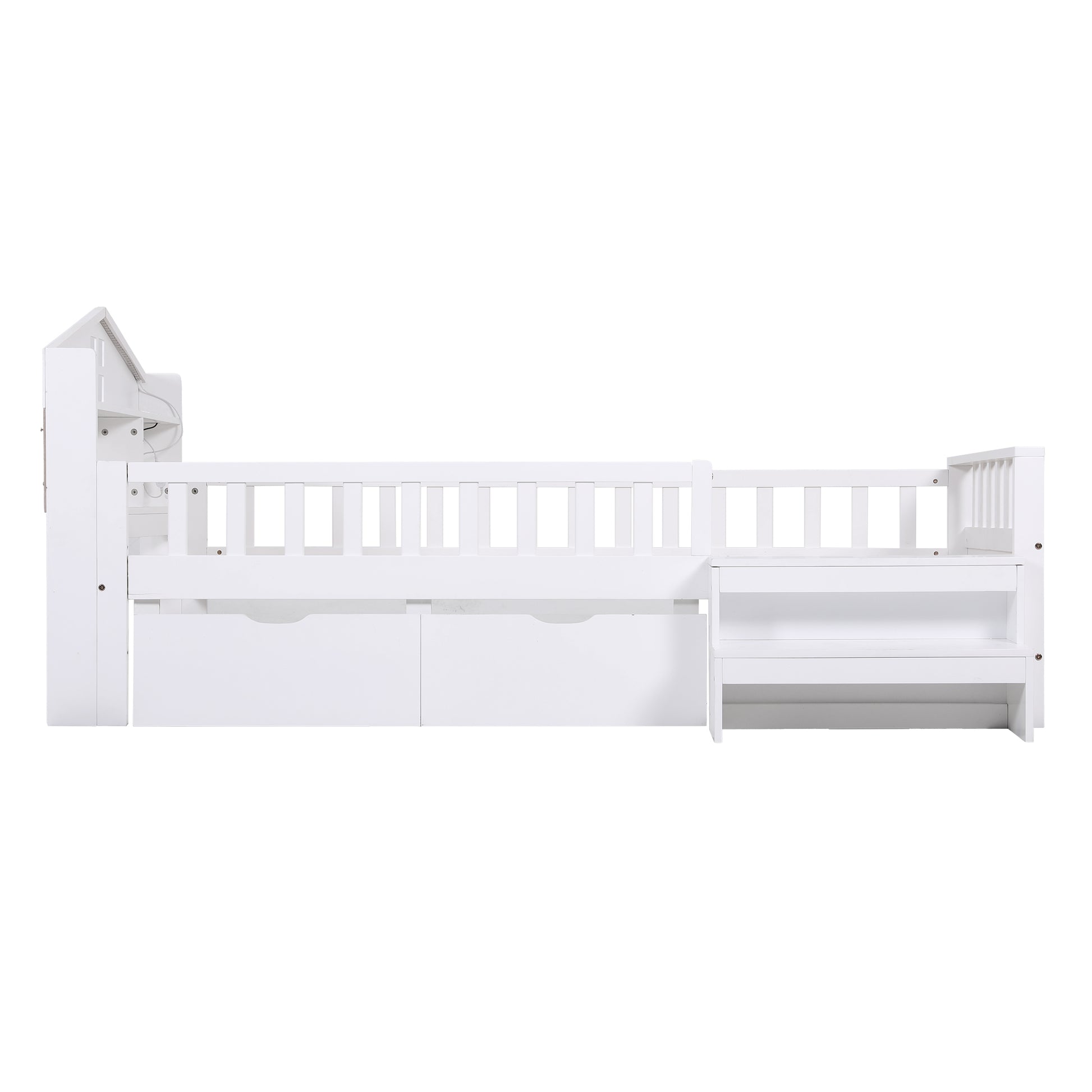 Artiss Single Bed Frame with 2 Storage Drawers, Montessori Bed with Headboard, 2 USB Ports & Led Light, Solid Wood Platform Bed Base with Safety Rail & Ladder, 31CM Under-Bed Storage, White - Image 3