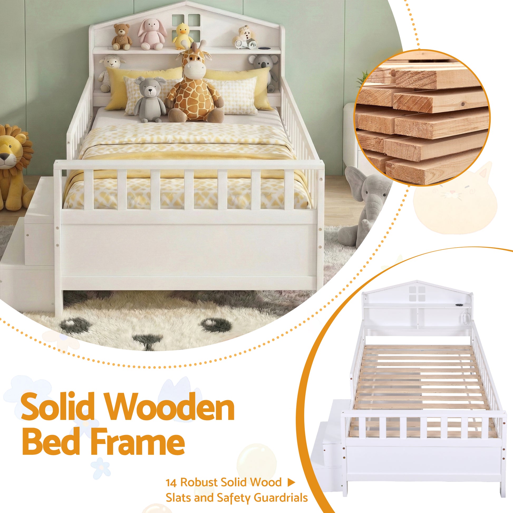 Artiss Single Bed Frame with 2 Storage Drawers, Montessori Bed with Headboard, 2 USB Ports & Led Light, Solid Wood Platform Bed Base with Safety Rail & Ladder, 31CM Under-Bed Storage, White - Image 5