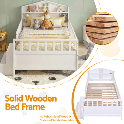 Artiss Single Bed Frame with 2 Storage Drawers, Montessori Bed with Headboard, 2 USB Ports & Led Light, Solid Wood Platform Bed Base with Safety Rail & Ladder, 31CM Under-Bed Storage, White - Image 5