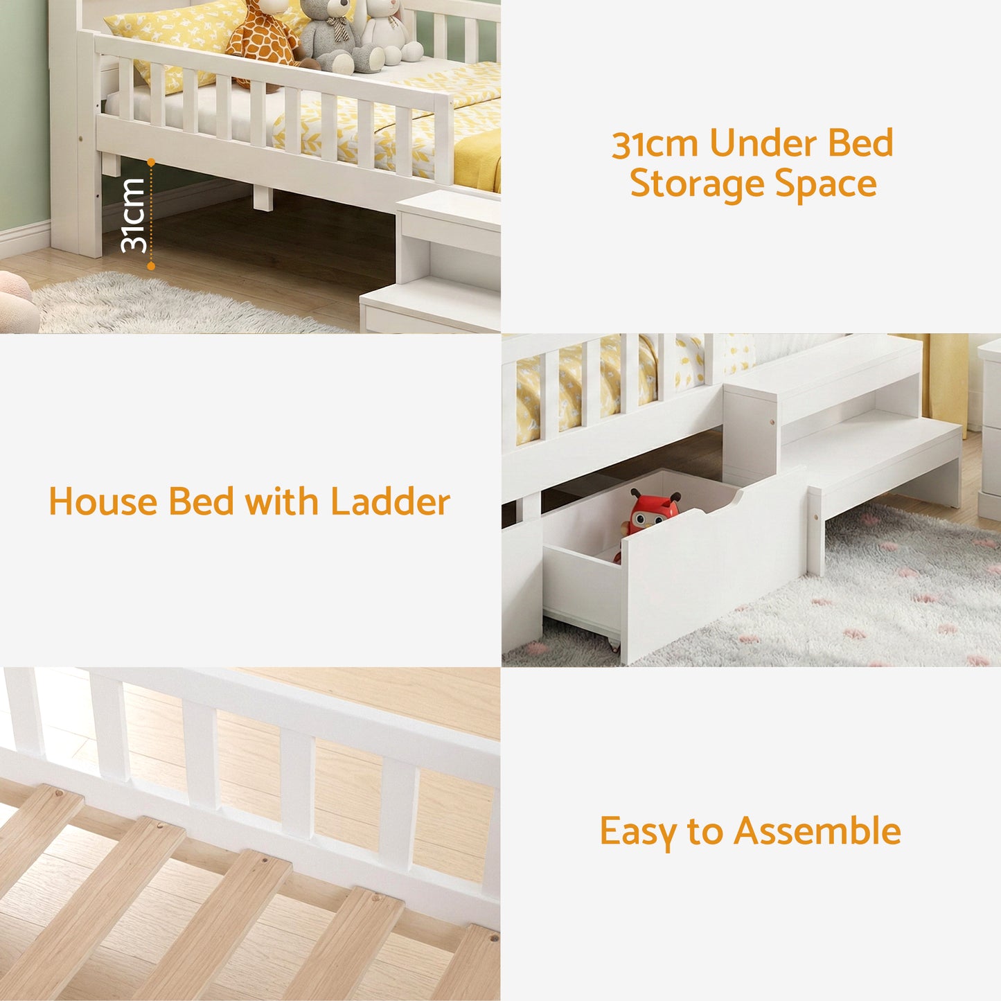 Artiss Single Bed Frame with 2 Storage Drawers, Montessori Bed with Headboard, 2 USB Ports & Led Light, Solid Wood Platform Bed Base with Safety Rail & Ladder, 31CM Under-Bed Storage, White - Image 7
