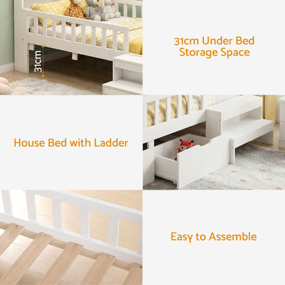 Artiss Single Bed Frame with 2 Storage Drawers, Montessori Bed with Headboard, 2 USB Ports & Led Light, Solid Wood Platform Bed Base with Safety Rail & Ladder, 31CM Under-Bed Storage, White - Image 7