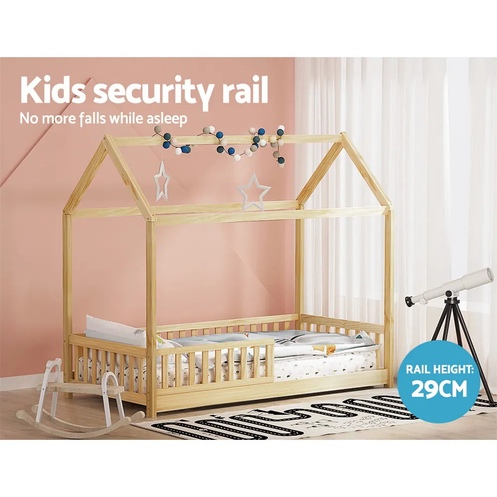 Artiss Bed Frame Wooden Kids House Frame Oak ROCK - Image 6