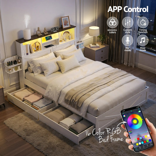 Artiss Double Bed Frame with Storage Drawers White Platform Bedframe with Bookcase Headboard Charging Station Led Light - Image 6