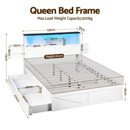 Artiss Queen Bed Frame with Storage Drawers White Platform Bedframe with Bookcase Headboard Charging Station Led Light - Image 2