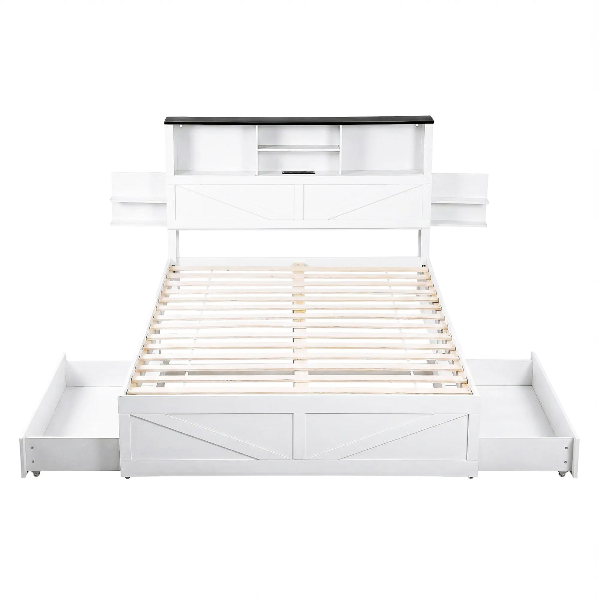 Artiss Queen Bed Frame with Storage Drawers White Platform Bedframe with Bookcase Headboard Charging Station Led Light - Image 3