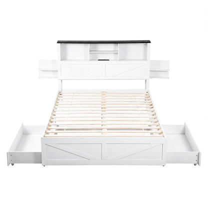 Artiss Queen Bed Frame with Storage Drawers White Platform Bedframe with Bookcase Headboard Charging Station Led Light - Image 3