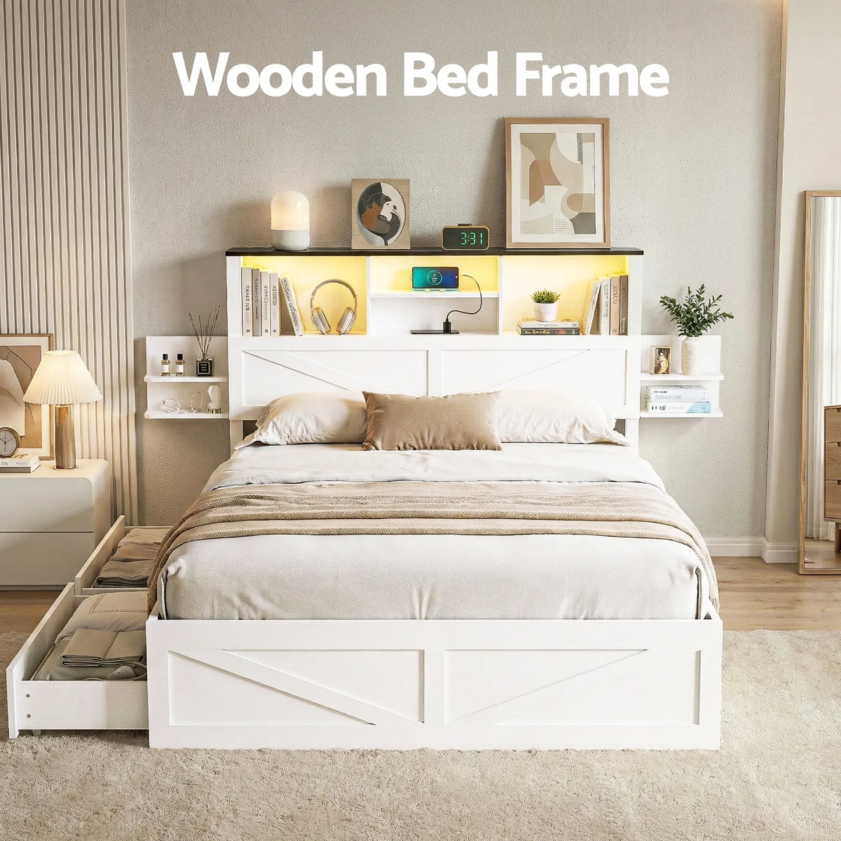 Artiss Queen Bed Frame with Storage Drawers White Platform Bedframe with Bookcase Headboard Charging Station Led Light - Image 4
