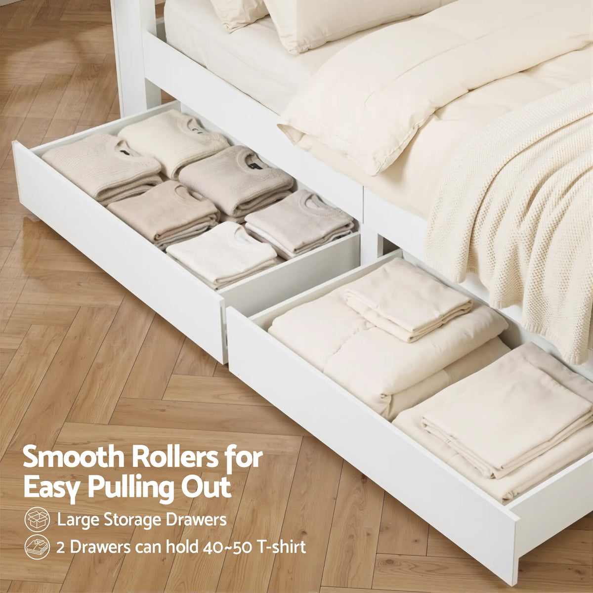 Artiss Queen Bed Frame with Storage Drawers White Platform Bedframe with Bookcase Headboard Charging Station Led Light - Image 7